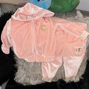 Champion Pink Velour Tracksuit with Gold Logo